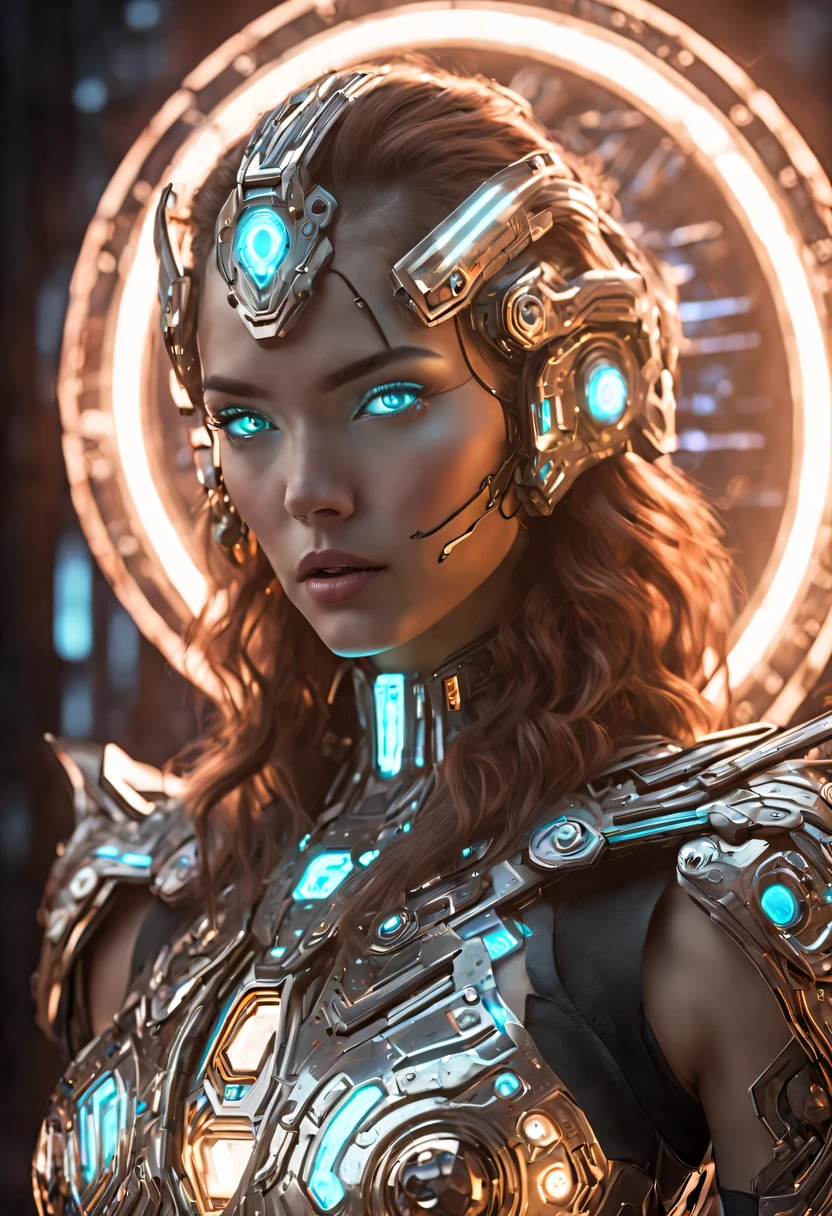 (Legendary Energy Light Shield:1.5)，Sci-fi transparent ethereal shield，Future female warriors，Mechanical Female Warrior，mechanical structure，cyberpunk，Holographic projection，fault art，mechanical aesthetics，neon lights，laser light，fluorescence，glow effect，liquid metal，Copper plate engraving，Unreal Engine