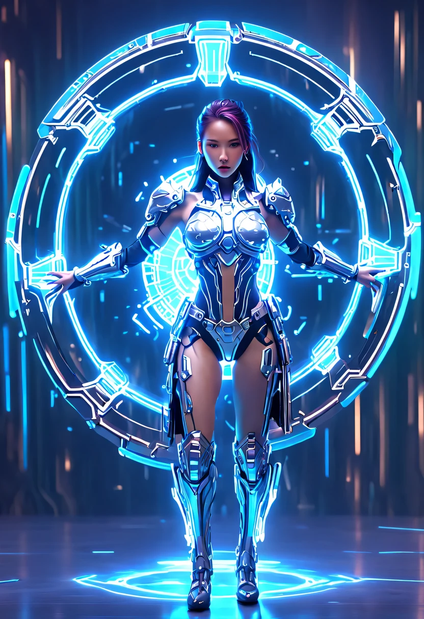 (Legendary Energy Light Shield:1.5)，Sci-fi transparent ethereal shield，Future female warriors，Mechanical Female Warrior，mechanical structure，cyberpunk，Holographic projection，fault art，mechanical aesthetics，neon lights，laser light，fluorescence，glow effect，liquid metal，Copper plate engraving，Unreal Engine