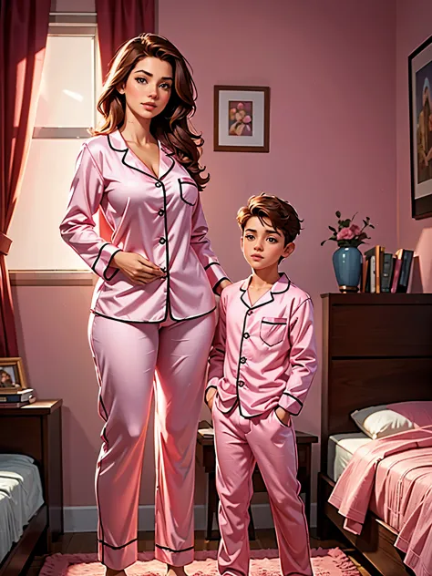 (highres,realistic:1.2),beautiful,cute busty sexy mother and teen son standing in bedroom, wearing sexy pink pajamas,warm color ...