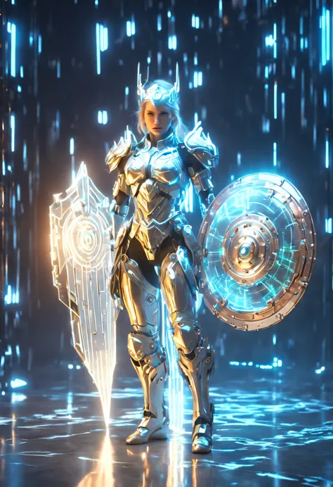(Legendary Energy Light Shield:1.5)，Sci-fi transparent ethereal shield，Future female warrior holding a large shield，Mechanical F...