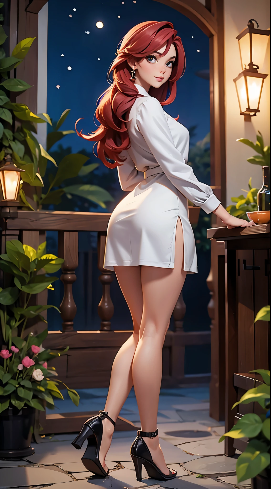 weiße Frau, 21 Jahre alt, dünn und klein, Sie trägt ein elegantes graues Kleid, Rote Haare, Schönheit, big ass, Hintergrund Garten in der Nacht.  Ganzkörper
