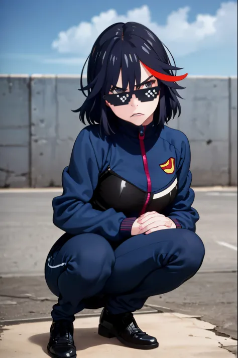 (best quality,ultra-detailed,realistic:1.37) fullframe , a very confidant badass arrogant cocky boss bitch attitude Hoshino 1 solo ryuuko matoi, wearing fully zipped adidas tracksuit slav squatting with both of her hands in her pants pockets with a mean fa...