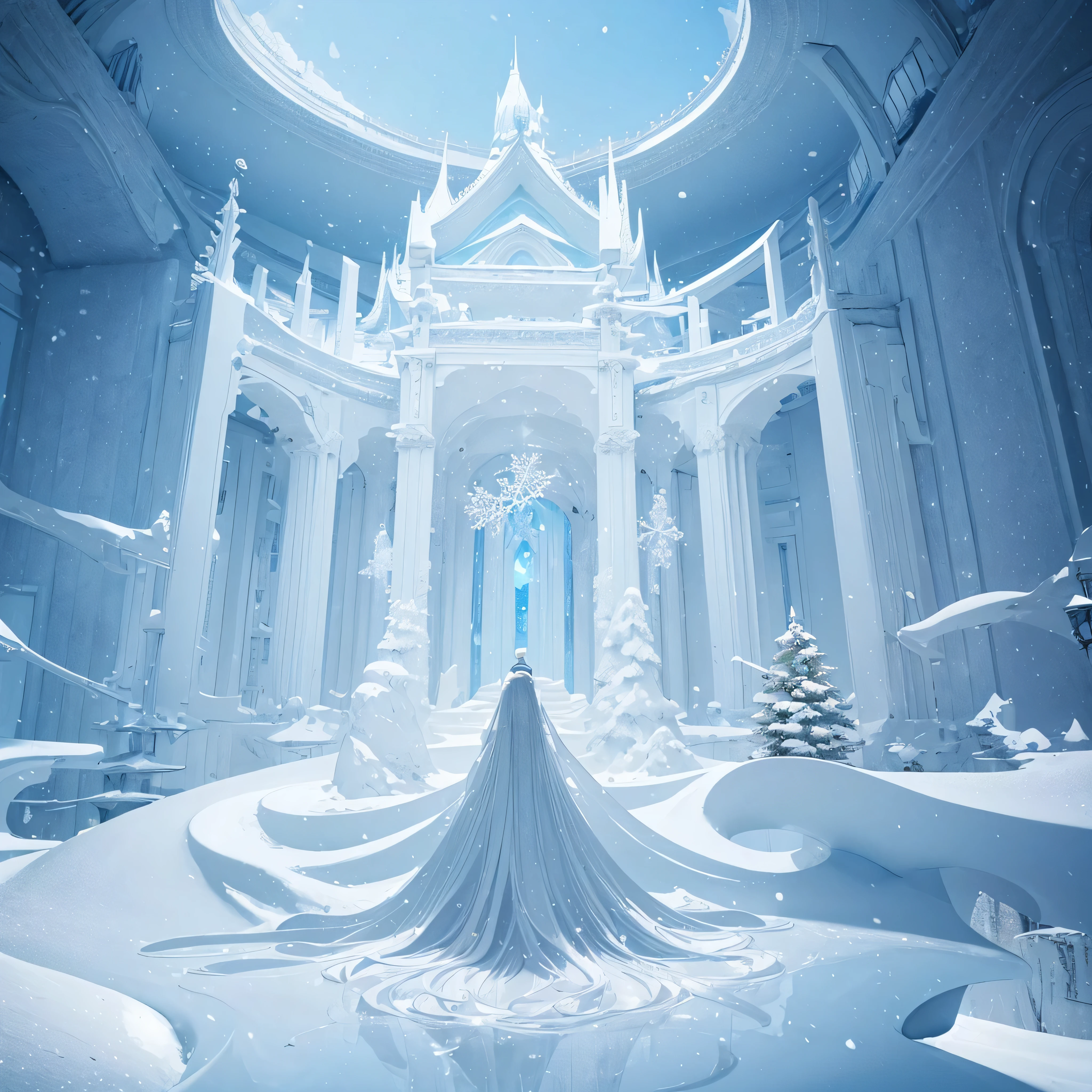 (Light blue-white tones，Shocking and magnificent uninhabited landscape，Silent Snow City World)，quiet，healing feeling，fantastic white feathers，snowflake crystal structure，best quality，masterpiece，Extremely complex and exquisite details