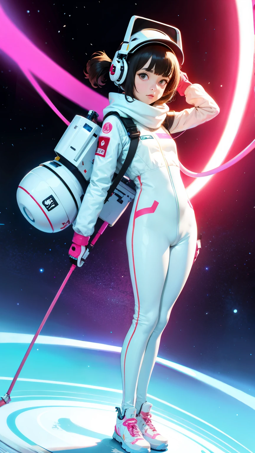 (ultra detailed,ultra high res,detailed background),((2D)),((flat color)),((muted color)),((floating neon)),1girl,solo,looking at viewer, BREAK, spray paint, graffiti, girl in a white space suit wearing her helmet, plush scarf, full body image, adult woman, anatomically perfect face, face in focus, symmetrical face, fencer