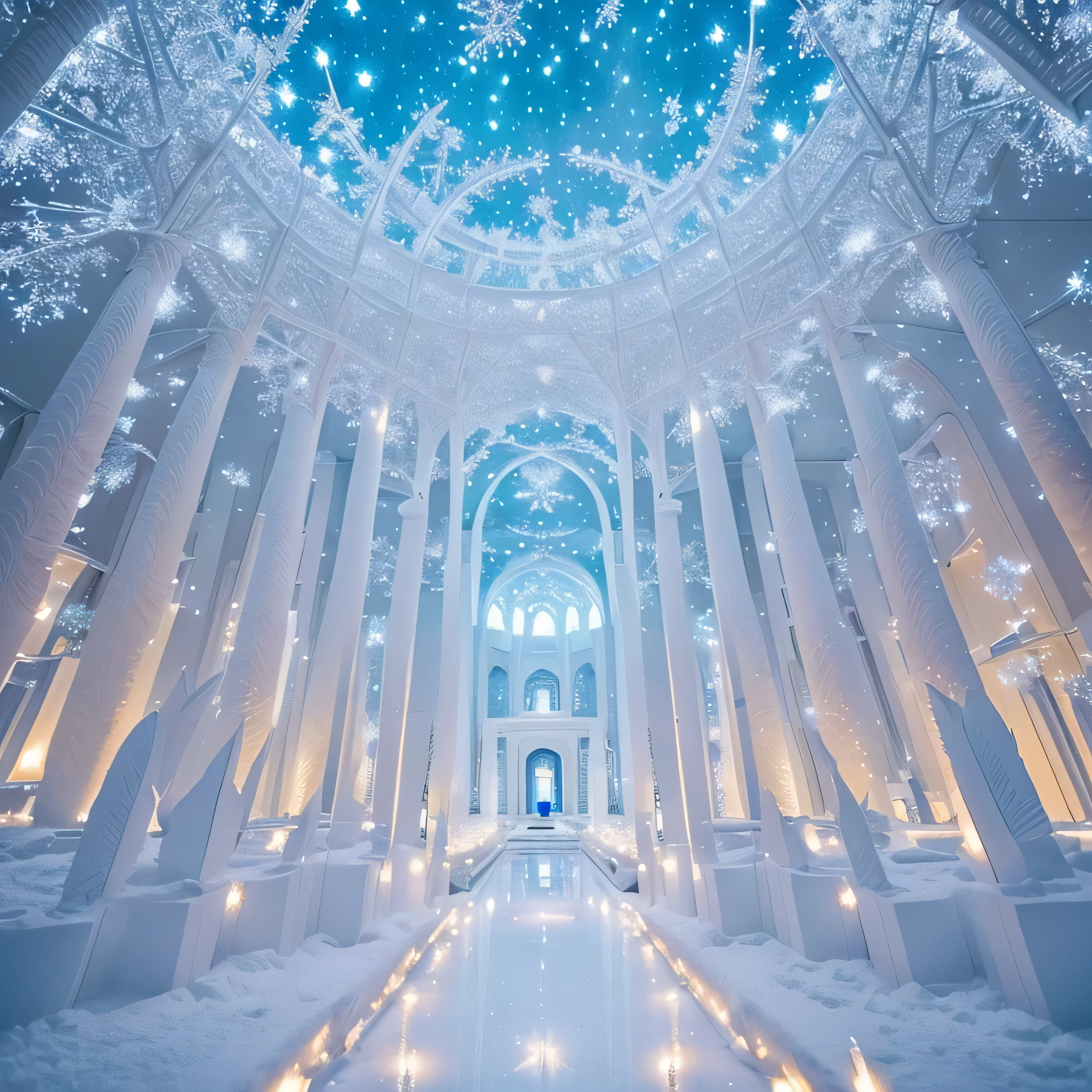 (Light blue-white tones，Shocking and magnificent uninhabited landscape，Silent Snow City World)，quiet，healing feeling，((Falling white feathers))，snowflake crystal structure，(best quality，masterpiece，Extremely complex and exquisite details)，scenography