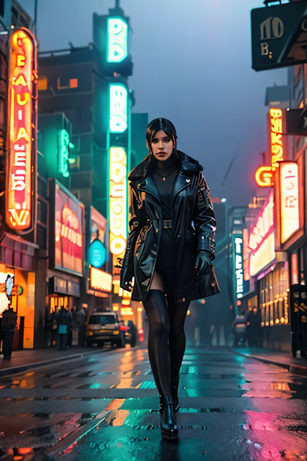 beautiful woman with black hair from the movie Bladerunner, full body, black latex coat, it's night, city in the background with neon light, soft blur in the background, backlight with lens flares, cinematic, gloomy light, foggy, cinema poster, analogue photo, hyperrealistic, focused, extreme details, unreal engine 5, cinematic, masterpiece, atmosphere, glow, detailed, intricate, full of colour, cinematic lighting
