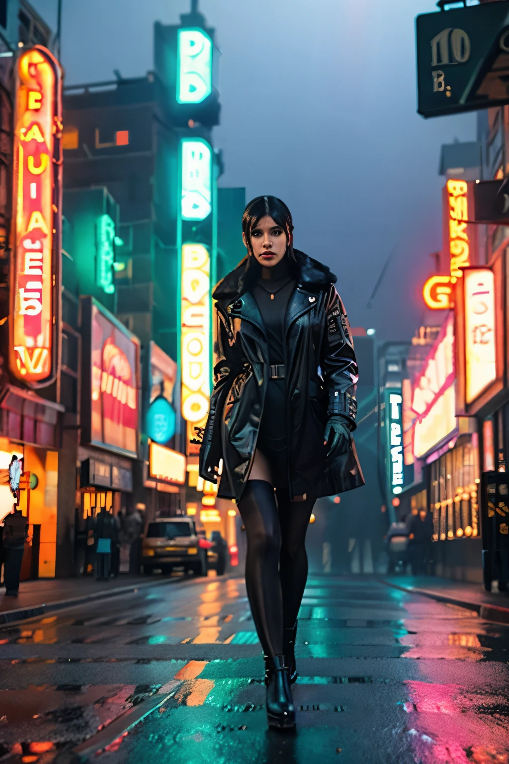 หญิงสาวสวยผมดำจากภาพยนตร์เรื่อง Bladerunner, เต็มตัว, เสื้อคลุมยางสีดำ, มันเป็นกลางคืน, เมืองในพื้นหลังพร้อมแสงนีออน, พื้นหลังเบลอแบบนุ่มนวล, ไฟแบ็คไลท์พร้อมแฟลร์เลนส์, โรงภาพยนตร์, แสงมืดมน, มีหมอกลง, โปสเตอร์ภาพยนตร์, ภาพถ่ายอะนาล็อก, เกินจริง, เน้น, รายละเอียดสุดขีด, เครื่องยนต์ที่ไม่จริง 5, โรงภาพยนตร์, ผลงานชิ้นเอก, บรรยากาศ, เรืองแสง, รายละเอียด, ซับซ้อน, เต็มไปด้วยสีสัน, โรงภาพยนตร์ lighting