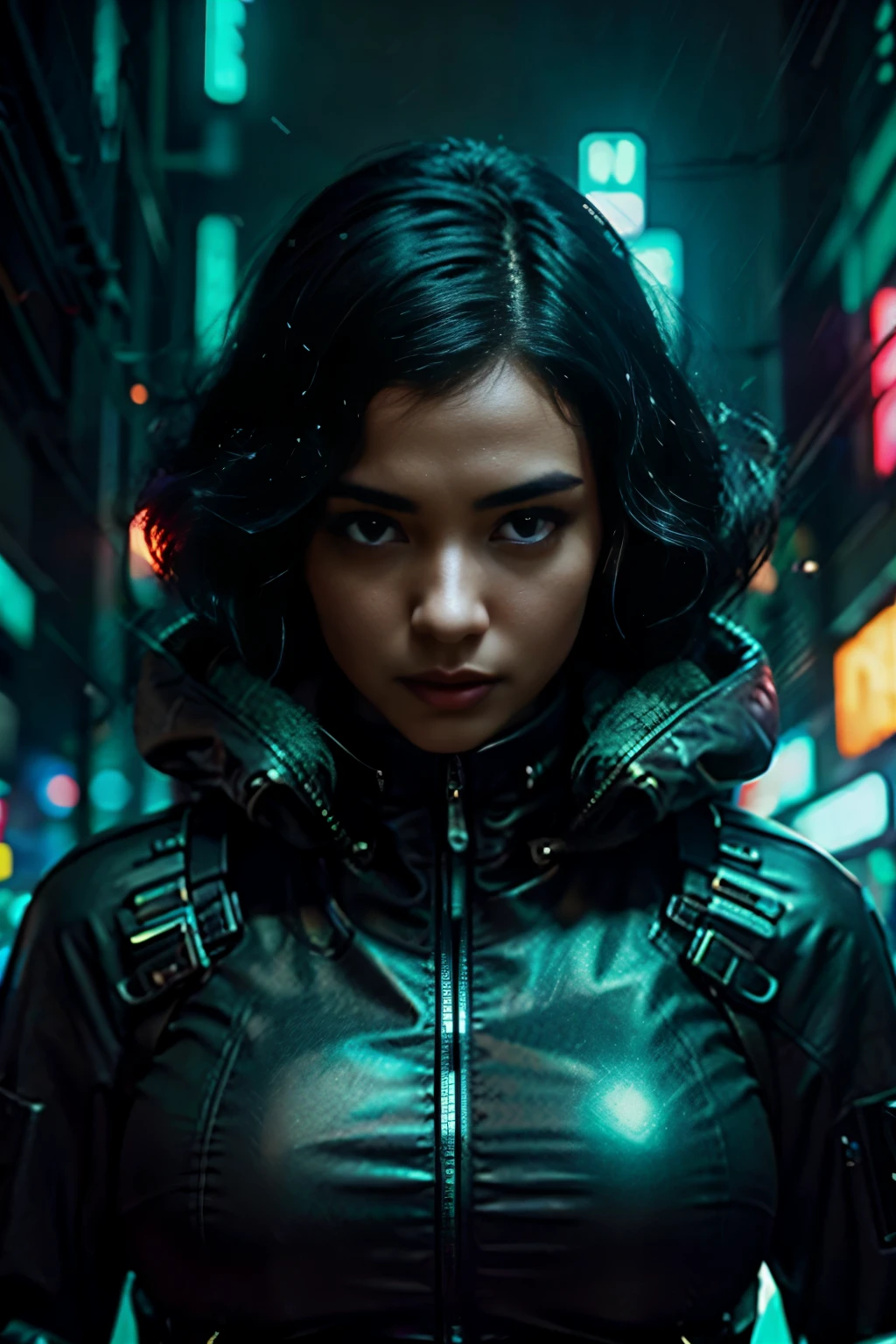 hermosa mujer con cabello negro de la película Blade Runner, cuerpo completo, Abrigo de látex negro., Es de noche, ciudad en el fondo con luces de neón, desenfoque suave en el fondo, retroiluminación con destellos de lente, cinematográfico, luz sombría, Neblinoso, Cartel de cine, foto analogica, Híper realista, enfocado, detalles extremos, Motor irreal 5, cinematográfico, obra maestra, atmósfera, Brillo, detallado, Intrincado, lleno de color, cinematográfico lighting