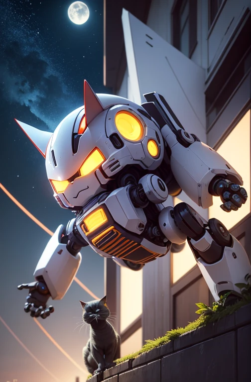 a cute mecha, robot cat, mecha, no humans, action pose, night cty