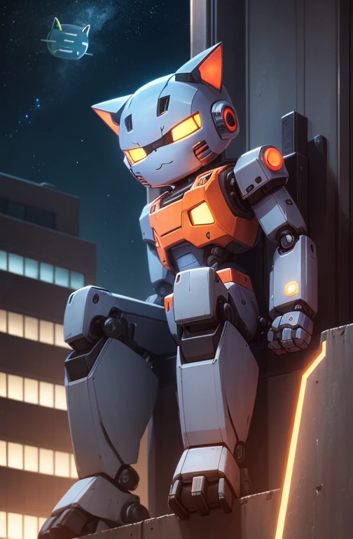 a cute mecha, robot cat, mecha, no humans, action pose, night cty