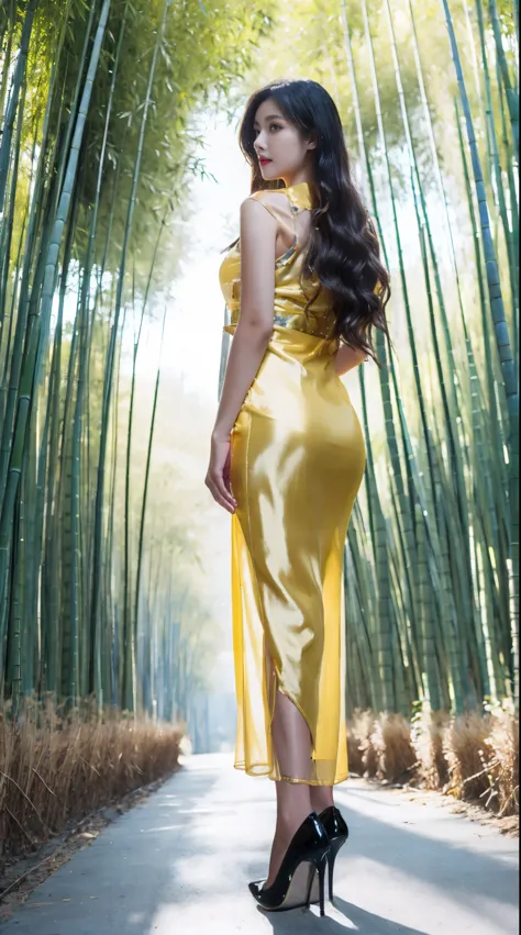 (best quality, 4K, masterpiece :1.3), bamboo forest，pretty Woman, Three girls,lesbian，yellow，transparent clothes，Translucent clo...