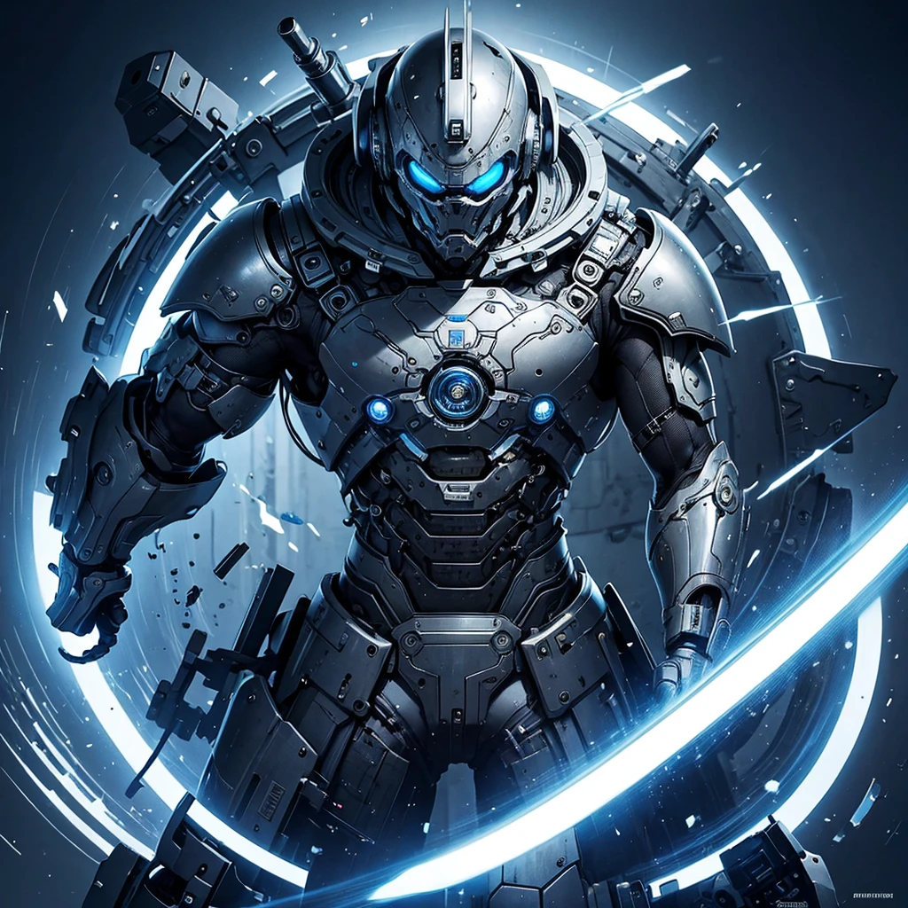 silver black blue tone,true，glowing，Realistic cool hip hop style，A man covered in machines，half face machine，Holding sword and gun，Mechanical Warrior，Extremely intricate details，best quality，masterpiece