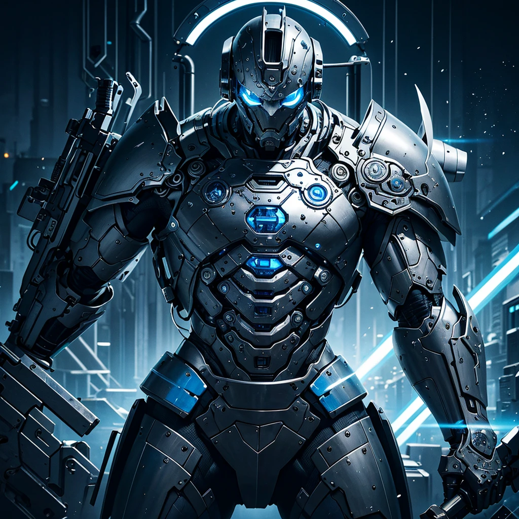 silver black blue tone,true，glowing，Realistic cool hip hop style，A man covered in machines，half face machine，Holding sword and gun，Mechanical Warrior，Extremely intricate details，best quality，masterpiece