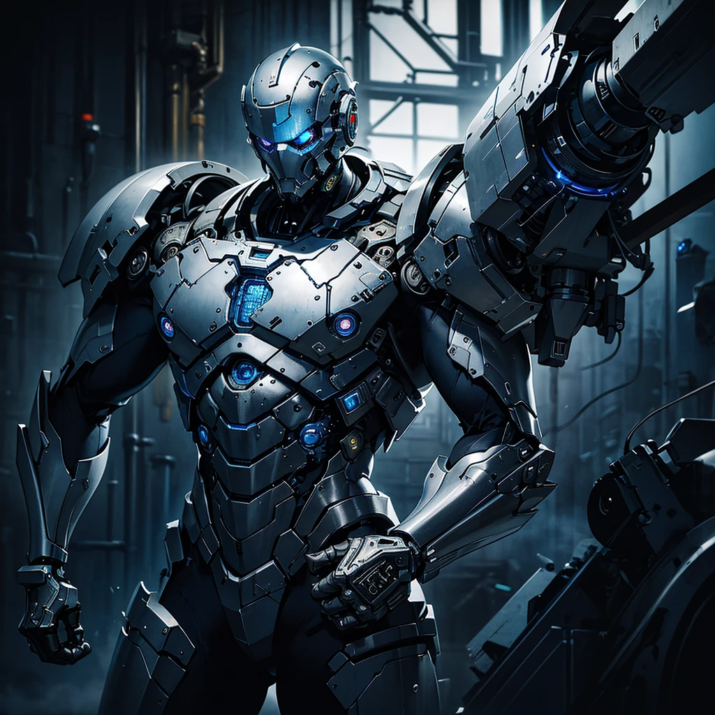 silver black blue tone,true，glowing，Realistic cool hip hop style，A man covered in machines，half face machine，Holding sword and gun，Mechanical Warrior，Extremely intricate details，best quality，masterpiece