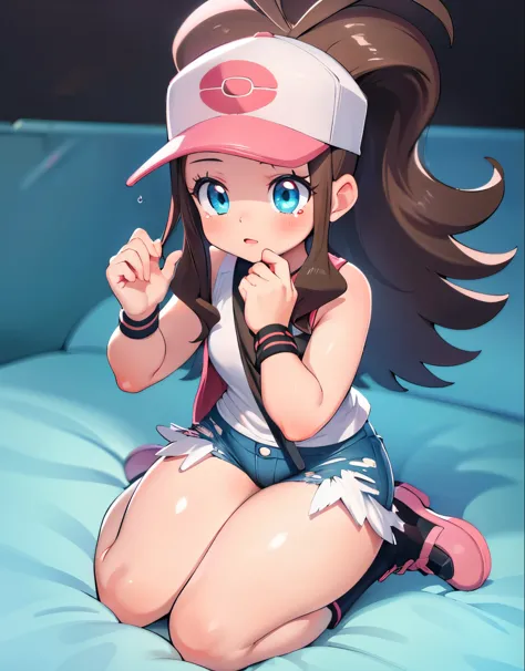 (best quality,4k,ultra-detailed,highres:1.2),photorealistic, Hilda Pokemon, def1, full body, curvy body, beautiful detailed eyes, beautiful detailed lips, longeyelashes, visible thighs, thick thighs, wiping her tears, looking at the camera, torn clothes, v...