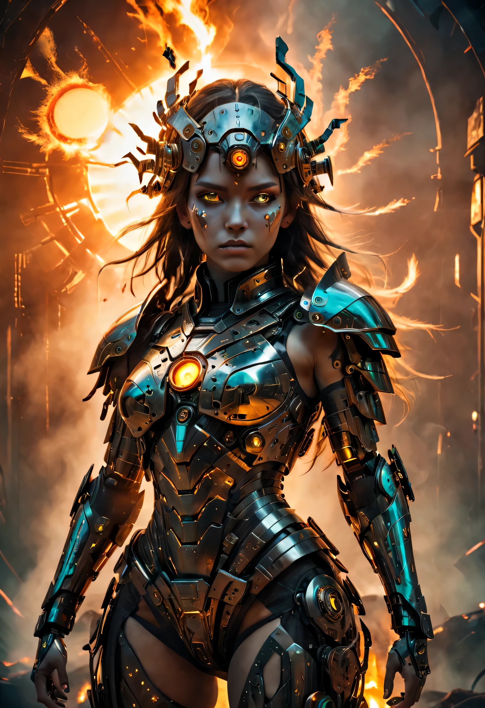 (Mechanical Amazon warrior), girl made of smoke, cyborg body, surrounded by the glowing embers of a dying sun, wears an intricate, android cyberpunk themed suit of armor, her glass eyes reflecting the last remnants of the day, high details, high quality, highres, 16k, masterpiece