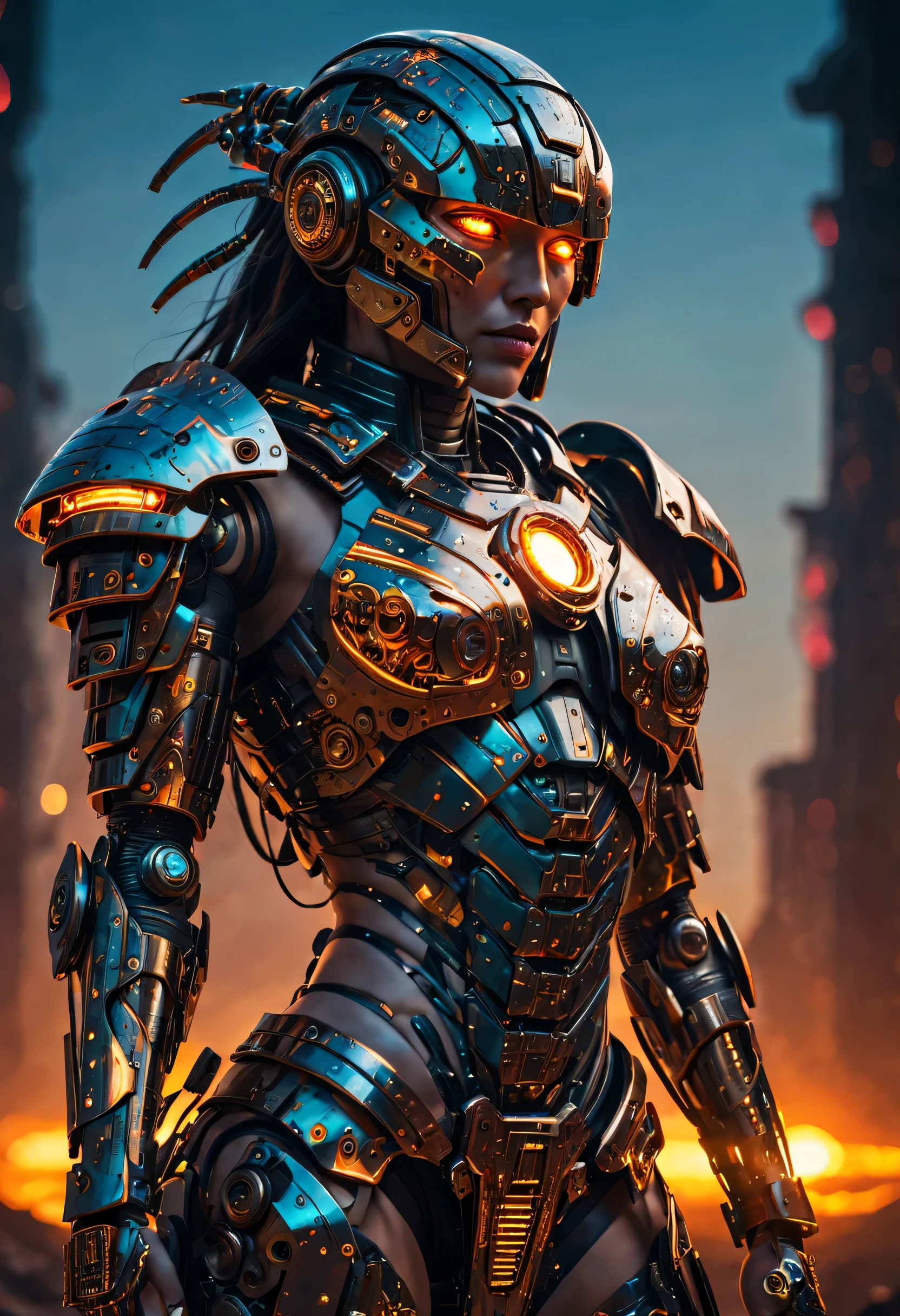 (Mechanische Amazonenkriegerin), Cyborg-Körper, umgeben von der glühenden Glut einer sterbenden Sonne, trägt ein kompliziertes, android cyberpunk themed suit of armor, Ihre Glasaugen spiegeln die letzten Überreste des Tages wider, hohe Details, gute Qualität, highres, 16k, Meisterwerk