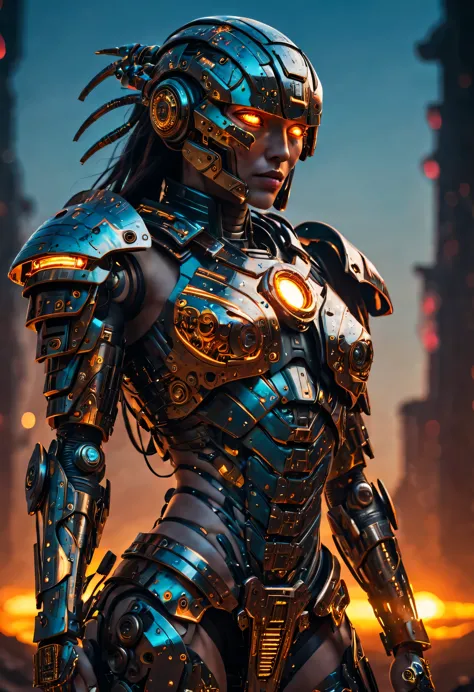 (Mechanical Amazon warrior), cyborg body, surrounded by the glowing embers of a dying sun, wears an intricate, android cyberpunk...