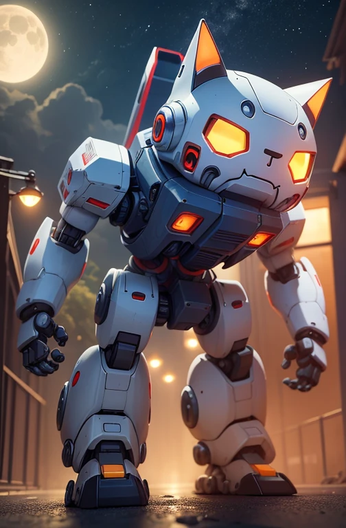 a cute mecha, robot cat, mecha, no humans, action pose, night cty