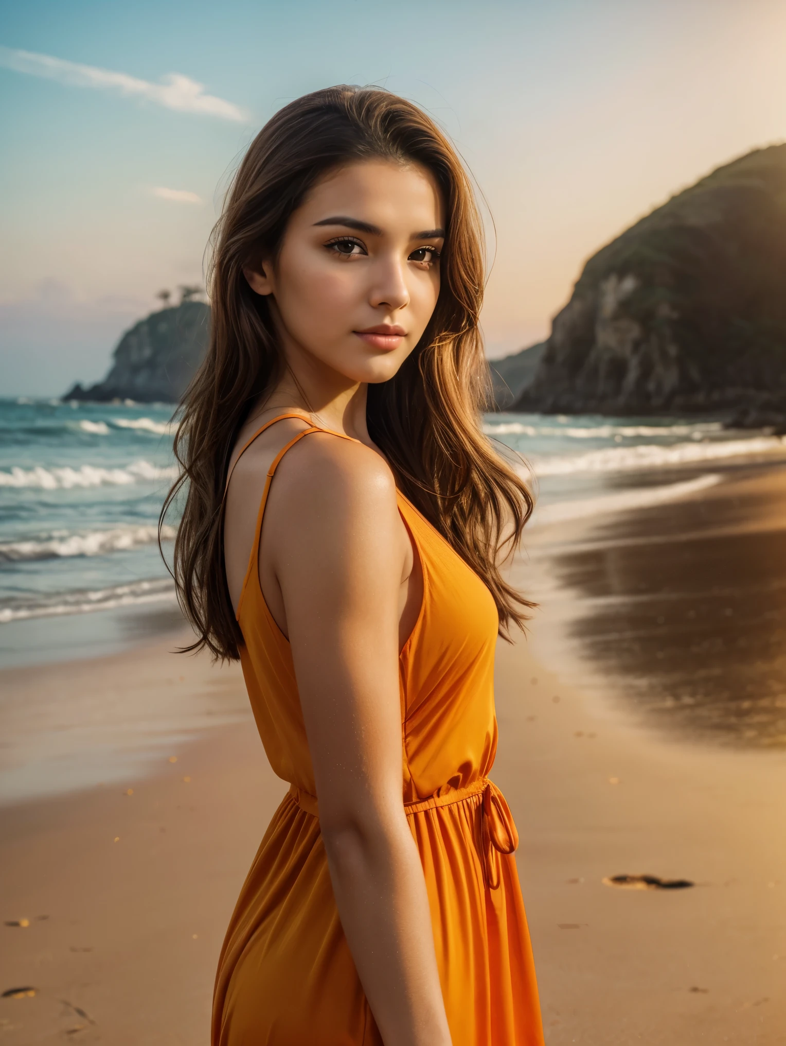 Portrait of 25yo woman, brown hair, wearing colorful yellowish orange dress, perfect eyebrow, perfect lips, perfect nose, professional color graded, wonderful woman, hot latina woman, sharp focus, long hair, beach, natural skin sharp features,model,full body image,looking in camera, natural skin sharp feature
