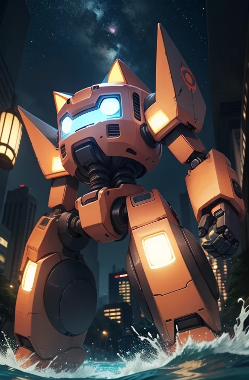 a cute mecha, robot cat, mecha, no humans, action pose, night cty