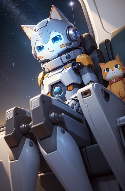 a cute mecha, robot cat, mecha, no humans, action pose, night cty