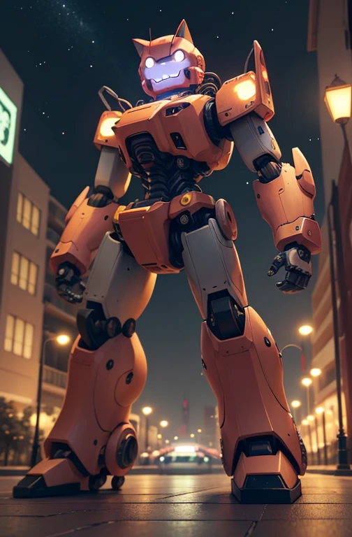 a cute mecha, robot cat, mecha, no humans, action pose, night cty