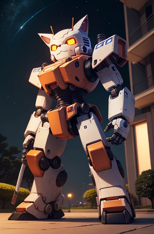 a cute mecha, robot cat, mecha, no humans, action pose, night cty