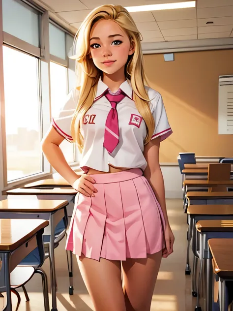 Cute teen blonde girl wearing revealing pink high-school uniform in classroom 