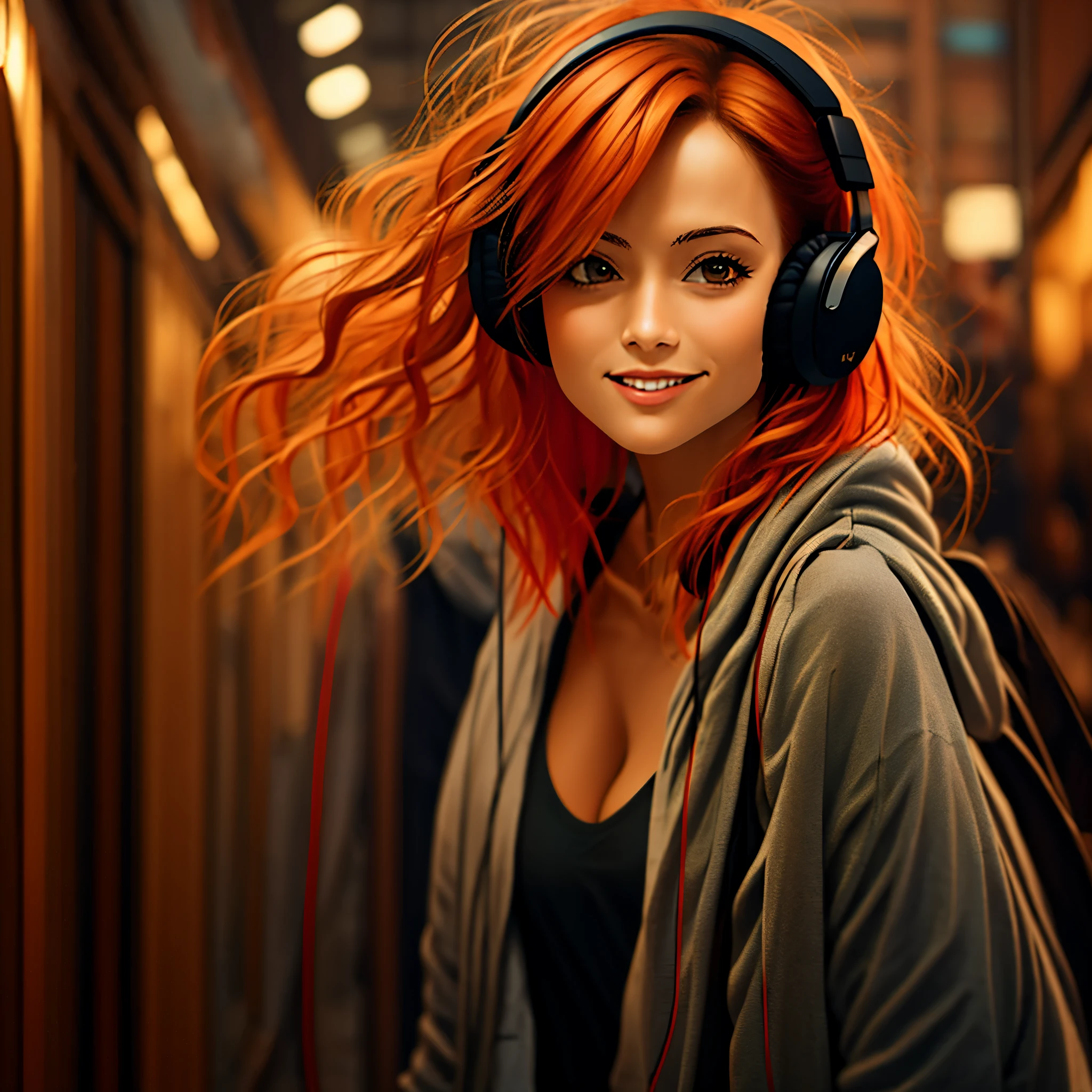 (masterpiece, best quality:1.4), 1girl, solo, pretty redhead listening to headphones, 