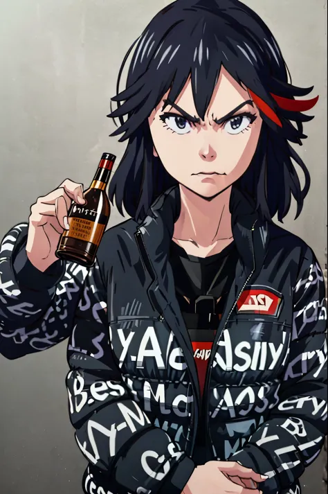(best quality,ultra-detailed,realistic:1.37) fullframe , a very confidant badass arrogant cocky boss bitch attitude 1 solo ryuuko matoi, mouth closed wearing 
dripjacket
own hands together  leaning aginst a solid brick wall with  with a mean face with a bo...