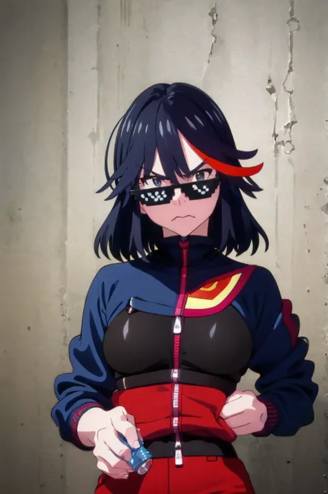 (best quality,ultra-detailed,realistic:1.37) fullframe , a very confidant badass arrogant cocky boss bitch attitude Hoshino 1 solo ryuuko matoi,  mouth closed wearing fully zipped creased slim adidenbroided  tracksuit leaning aginst a solid brick wall with...