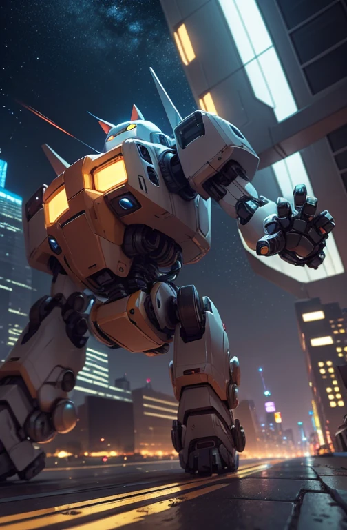 a cute mecha, happy robot cat, mecha, no humans, kung_fu pose, night cty, from below