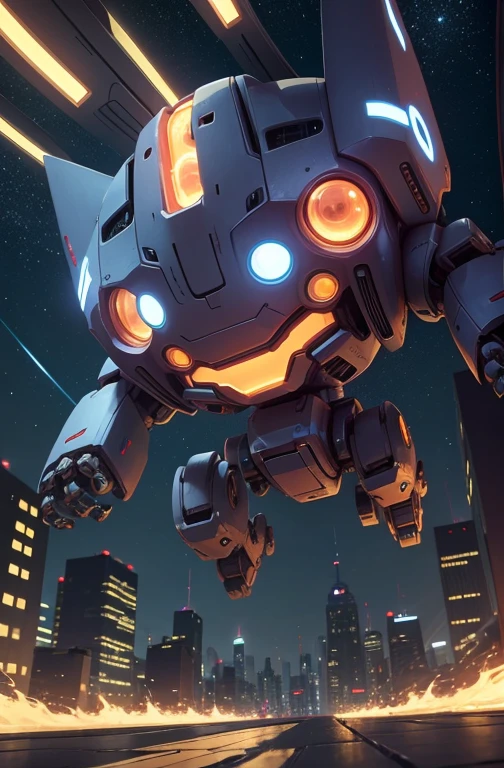 a cute mecha, happy robot cat, mecha, no humans, kung_fu pose, night cty, from below