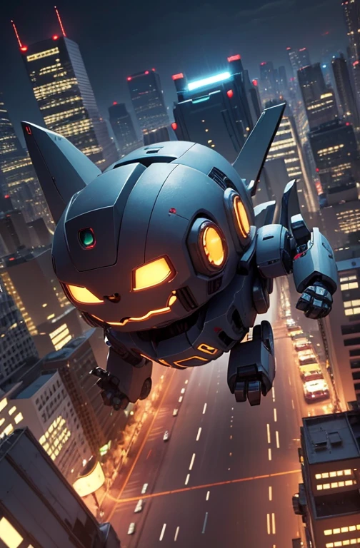 a cute mecha, happy robot cat, mecha, no humans, kung_fu pose, night cty, from below