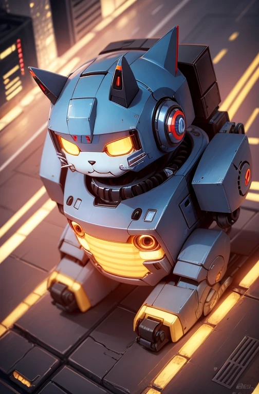 a cute mecha, happy robot cat, mecha, no humans, kung_fu pose, night cty, from below