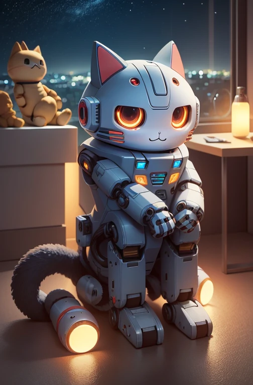 a cute mecha, happy robot cat, mecha, no humans, kung_fu pose, night cty, from below