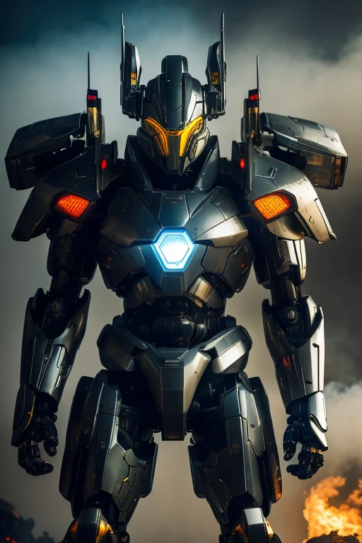 "A futuristic Mecha Warrior in a sci-fi battlefield, wearing a sleek, metallic armor with glowing LED lights. The warrior has a fierce expression and determined eyes, radiating confidence. The armor is highly detailed, with intricate mechanical parts and powerful weaponry. The battlefield is filled with debris and smoke, showcasing the aftermath of a fierce battle. The lighting is dramatic, with rays of sunlight piercing through the thick smoke, creating a contrast between light and shadow. The color palette is dominated by cool tones, enhancing the futuristic atmosphere. The artwork is of the highest quality, with ultra-detailed rendering and an emphasis on realistic textures. The final image should be a masterpiece, capturing the epicness and intensity of the Mecha Warrior's presence."