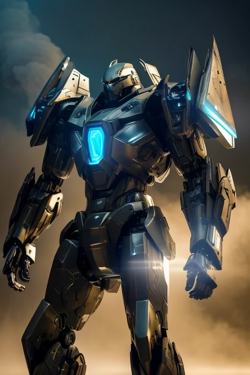 "A futuristic Mecha Warrior in a sci-fi battlefield, wearing a sleek, metallic armor with glowing LED lights. The warrior has a fierce expression and determined eyes, radiating confidence. The armor is highly detailed, with intricate mechanical parts and powerful weaponry. The battlefield is filled with debris and smoke, showcasing the aftermath of a fierce battle. The lighting is dramatic, with rays of sunlight piercing through the thick smoke, creating a contrast between light and shadow. The color palette is dominated by cool tones, enhancing the futuristic atmosphere. The artwork is of the highest quality, with ultra-detailed rendering and an emphasis on realistic textures. The final image should be a masterpiece, capturing the epicness and intensity of the Mecha Warrior's presence."