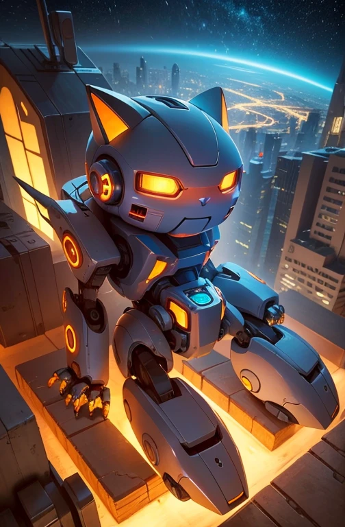 a cute mecha, happy robot cat, mecha, no humans, kung_fu pose, night cty, from below