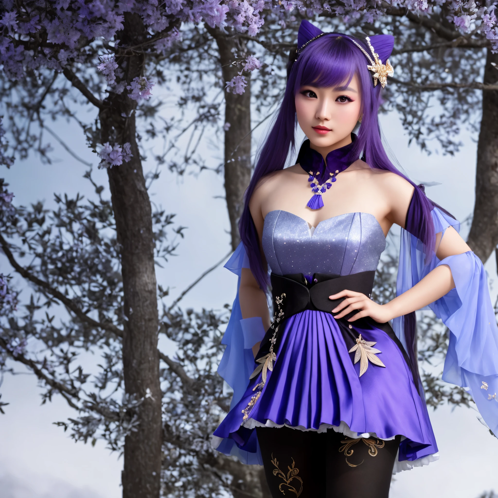 young gorgeous chinese model, traditional beauty, draped in purple and blue silk, with beautiful exoticism, purple hair, violet eyes, cat ears on top of head, ((focus on the hips)), (black opaque tights:1.2), (portrait:1.5), soft fluffy soft landscape forest snowy pastel sky green blue glitter ethereal light pastel whimsical light rainbow stars diamonds sparkling gem background hyper realistic, (Best Quality, 16K, Masterpiece, UHD, Ultra quality cinematic lighting, Huge detail, Well lit, 35mm, sharp, hyper realistic, epic scale, insane level of details, beautiful detailed girl, very detailed eyes and face, beautiful detailed eyes, ultra detailed skin, realistic skin)
