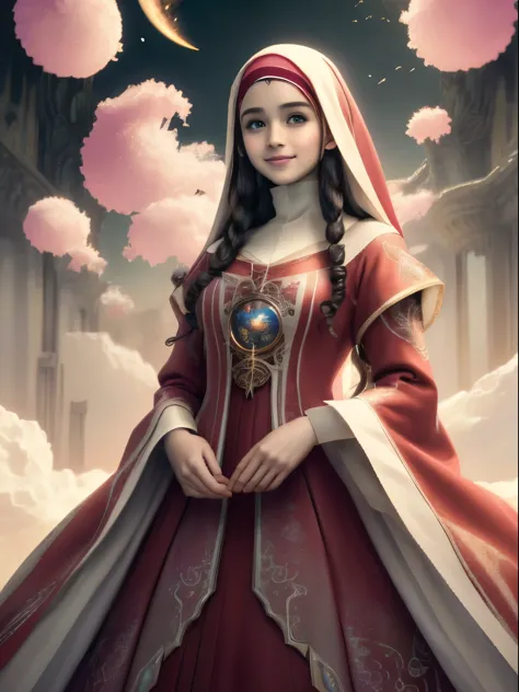  Red colour dress smiling face Subtle girl with flowers Full hijab, full dress, full robe,  ethereal fantasy concept art of intr...