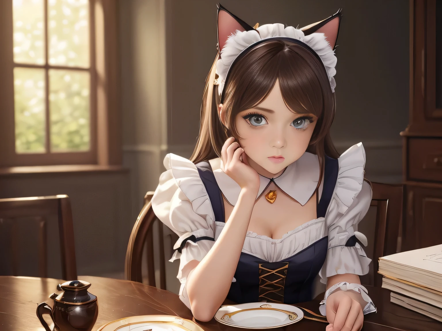 (masterpiece, top quality, Best quality,Official art, beautiful and aesthetically pleasing:1.2),(1 girl:1.3), 1 girl, in a maid's costume, race with someone, cat&#39;s ears, fantasy art, Brown hair, wipes dust from the table with a rag