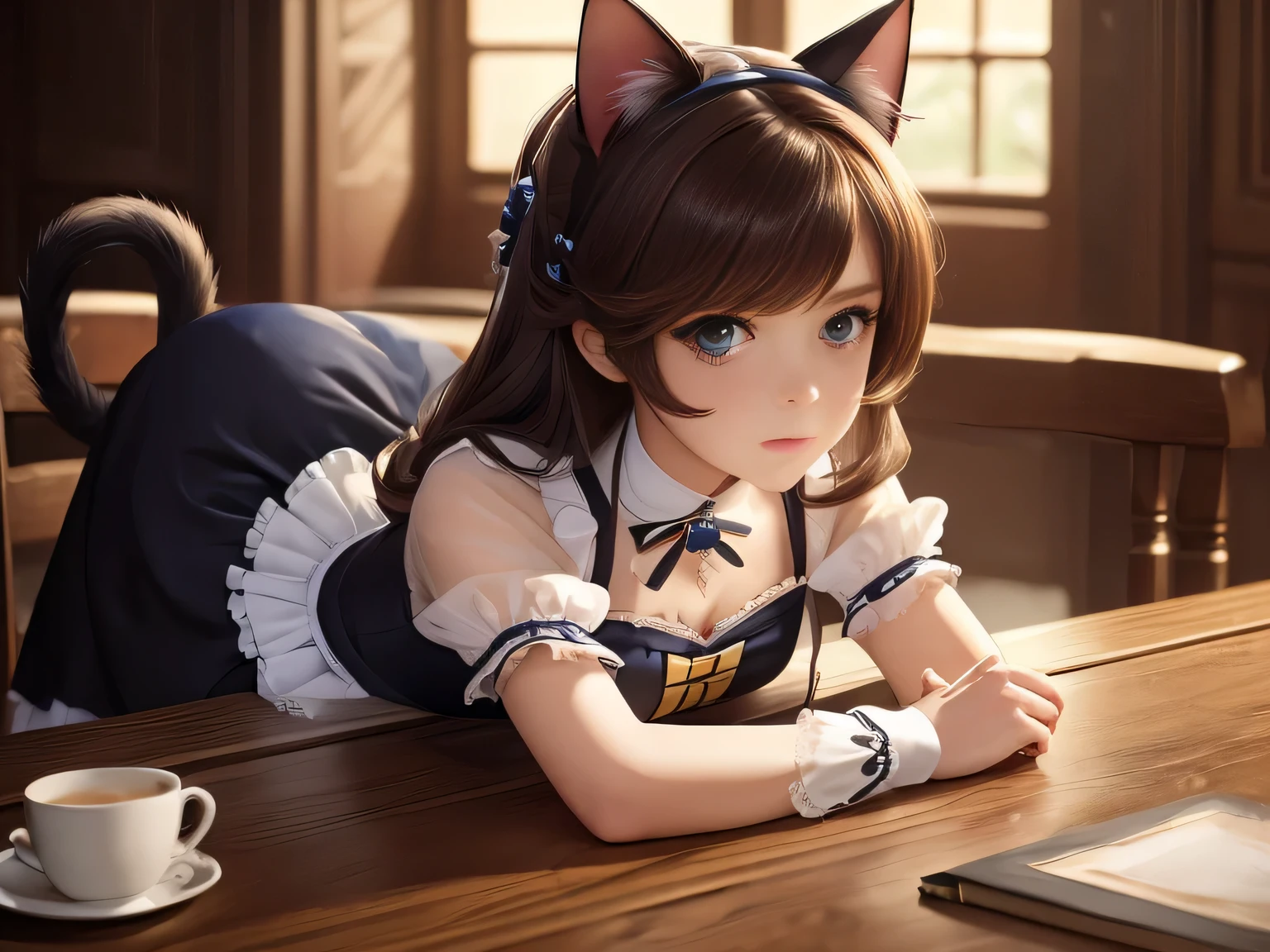 (masterpiece, top quality, Best quality,Official art, beautiful and aesthetically pleasing:1.2),(1 girl:1.3), 1 girl, in a maid's costume, race with someone, cat&#39;s ears, fantasy art, Brown hair, wipes dust from the table