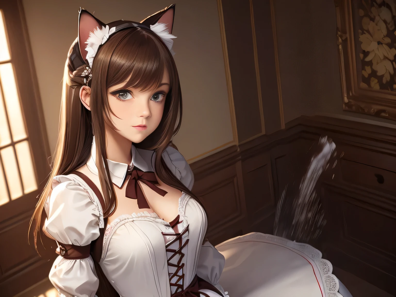 (masterpiece, top quality, Best quality,Official art, beautiful and aesthetically pleasing:1.2),(1 girl:1.3), 1 girl, in a maid's costume, race with someone, cat&#39;s ears, fantasy art, Brown hair, does the cleaning