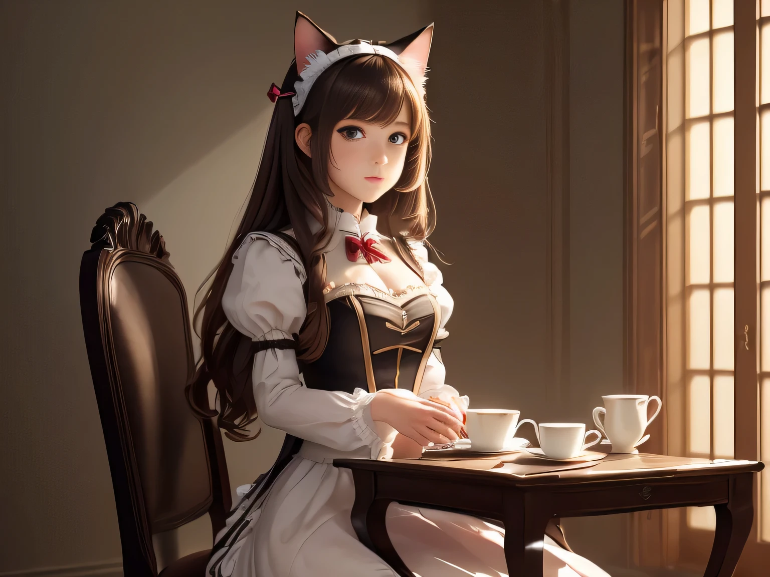 (masterpiece, top quality, Best quality,Official art, beautiful and aesthetically pleasing:1.2),(1 girl:1.3), 1 girl, in a maid's costume, race with someone, cat&#39;s ears, fantasy art, Brown hair, sitting on a chair