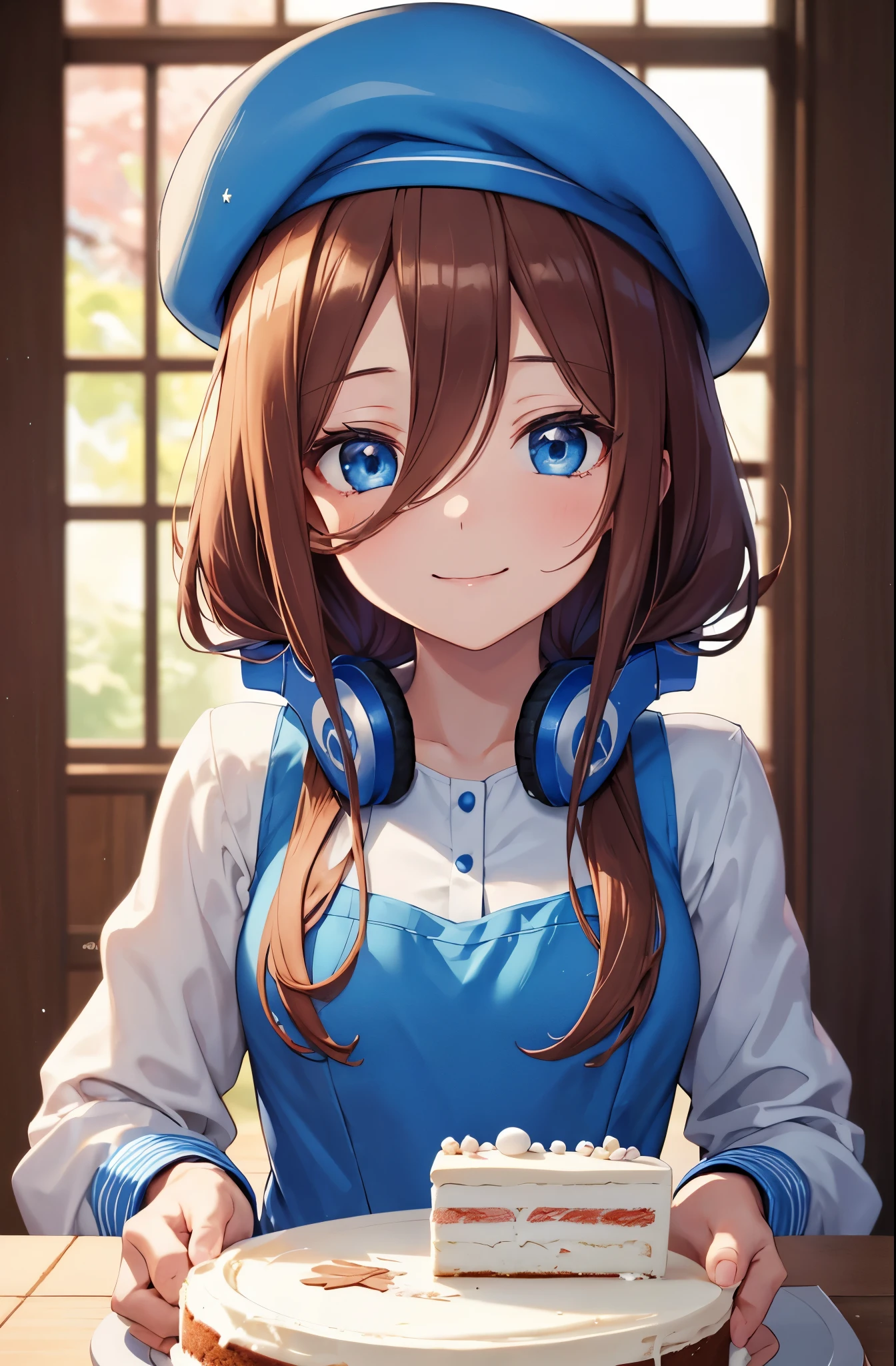 Miku Nakano, Miku Nakano, medium long hair, bangs, blue eyes, hair between eyes, brown hair, (patissier uniform:1.3), (beret:1.3), , (Making a cake:1.3), (Blue headphones:1.2), Wear the headphones around your neck, highest quality, High resolution, unity 8k wallpaper, (beautiful and detailed eyes:1.4), highly detailed face, perfect lighting, (perfect hands, perfect anatomy), cowboy shot, best smile, have a microphone,