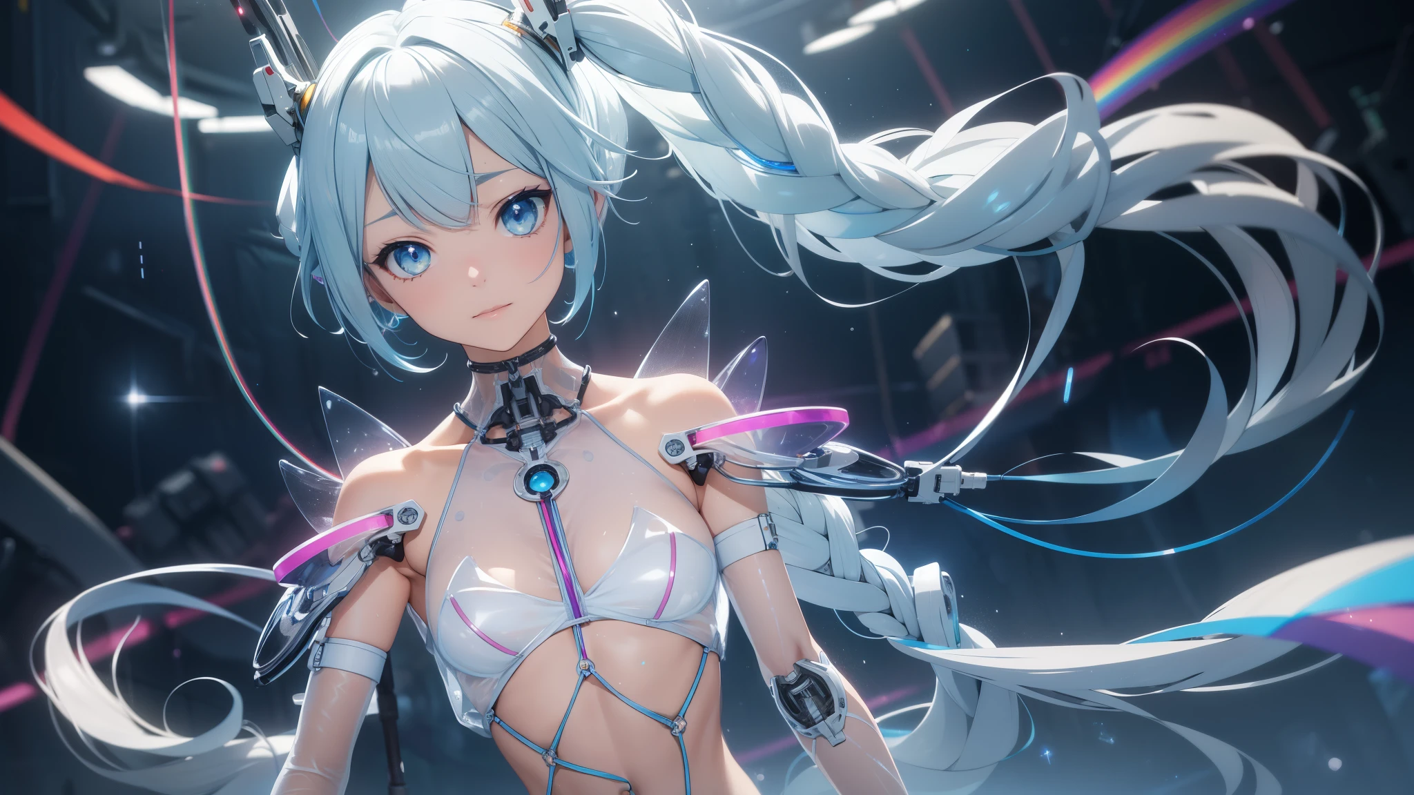(quality)), ((masterpiece)), Recommended results、Puffy nipples、(see through:1.5)、straighten your back、abdominal muscles、huge bust、angle to floor:1.2、low camera angle、Hair loss on crotch，hatsune miku，super detailed)), (Very detailed CG illustrations), ((extremely delicate and beautiful)),(1 white transparent mechanical girl)),alone,whole body,(Machine made joints:1.2),((mechanical limbs)),(Flashing blood vessel points connected to tubes),(Mechanical vertebrae attached to the back，with flowing glitter.),((Flowing rainbow fixed around neck)),perfect round face,(wires and cables attaching to neck:1.2),(Rainbow wires and cables on the head:1.2)(Character focus),,Very detailed,colorful,most detailed，white ceramic skin，blue short hair