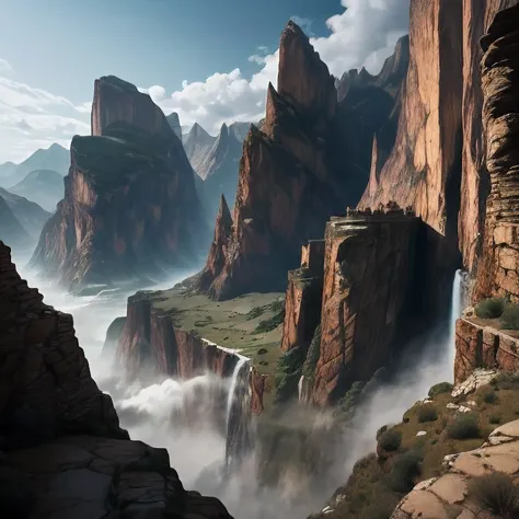 Une auberge trône gracieusement au bord d&#39;une magnifique falaise, surplombant une vue imprenable sur une chaîne de montagnes...