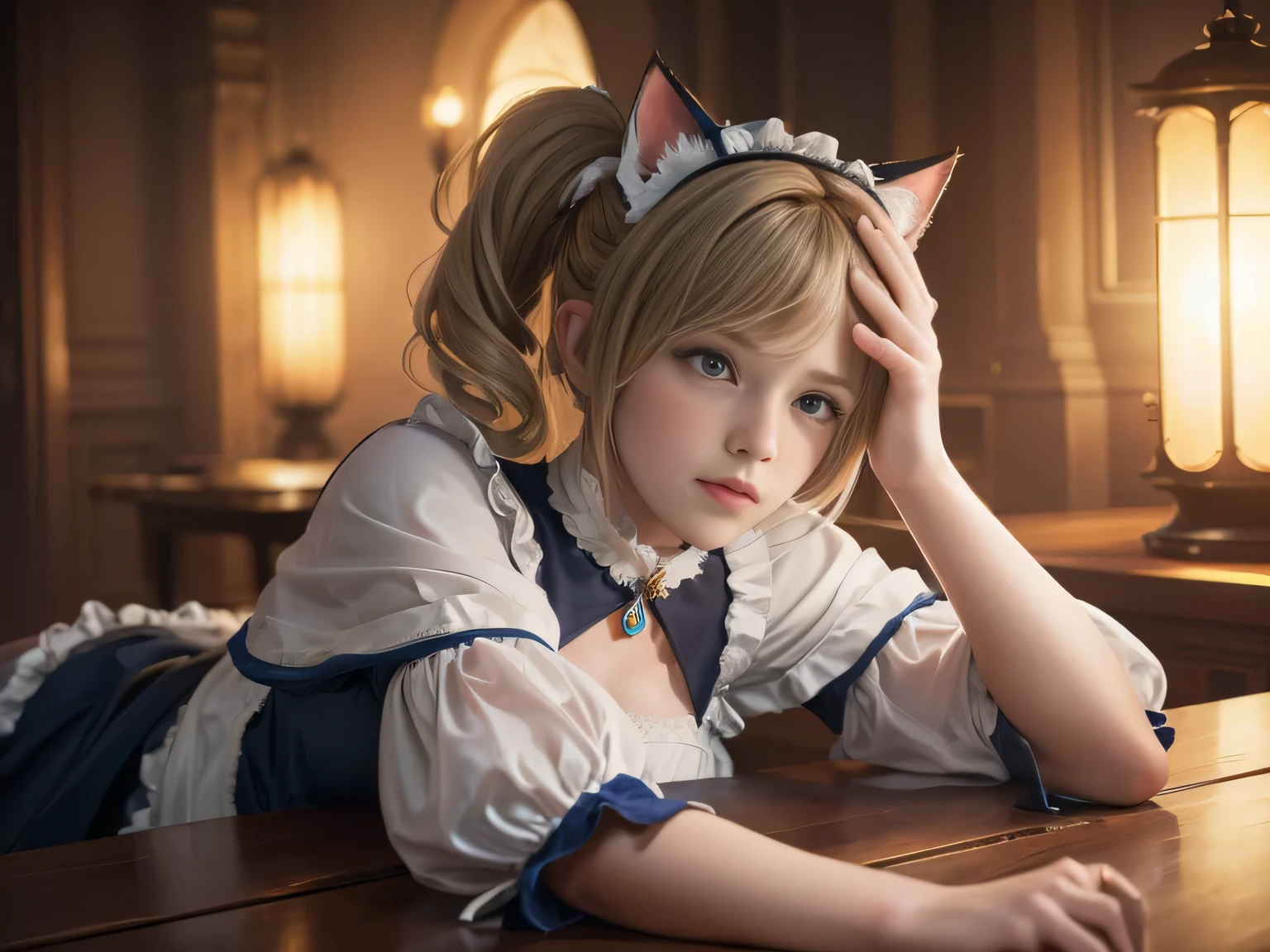 (masterpiece, top quality, Best quality,Official art, beautiful and aesthetically pleasing:1.2),(1 girl:1.3), 1 girl, in a maid's costume, cat&#39;ears, fantasy art, blonde curly hair, ponytails, with a mop in his hands